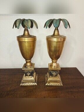 VTG Urn Pair Ornate Brass Palm Tree Lion Finials Regency Bombay Candle Holder